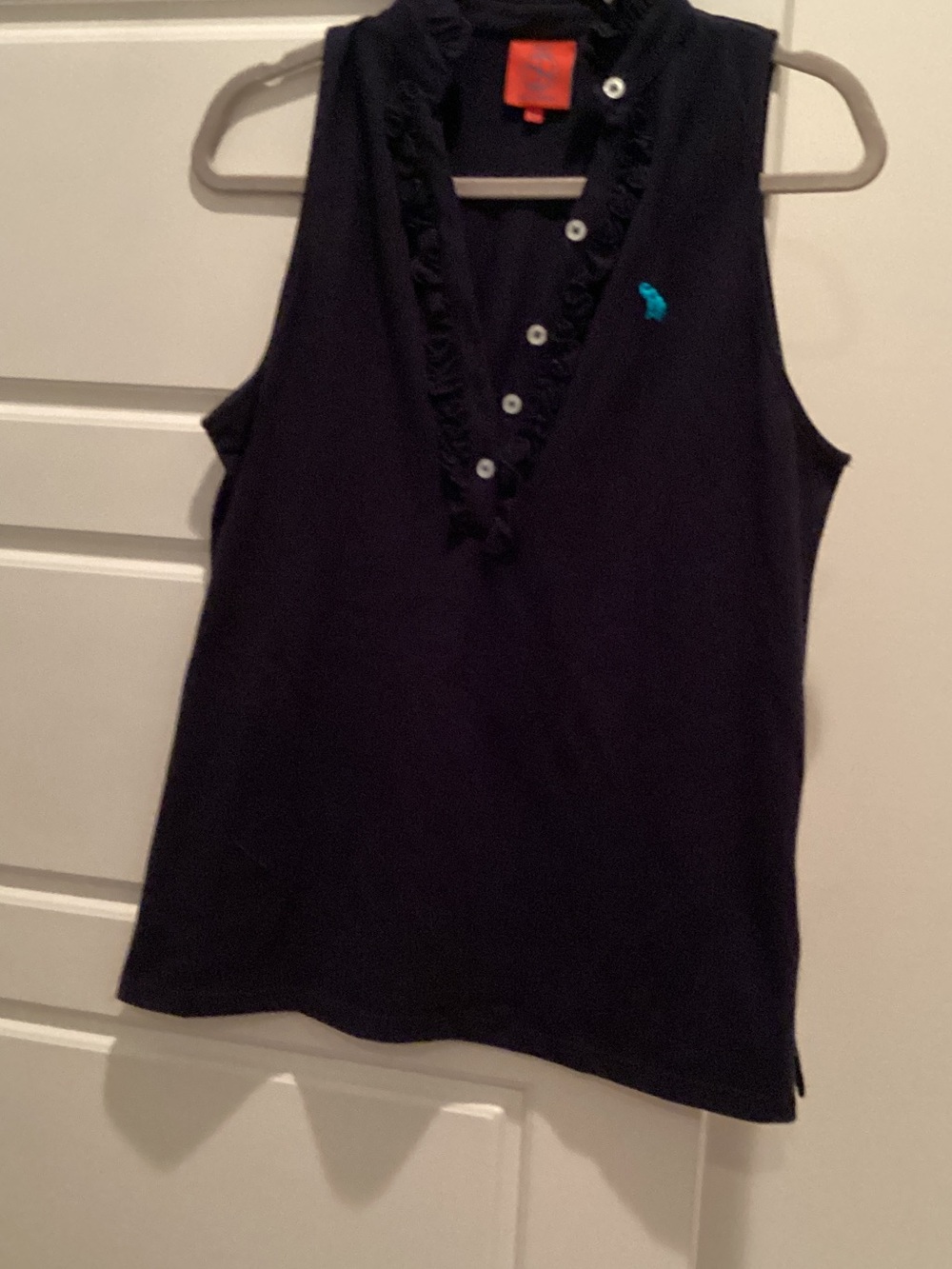 Tracy Negoshian Navy Sleeveless Ruffle V-Neck Top with Logo
